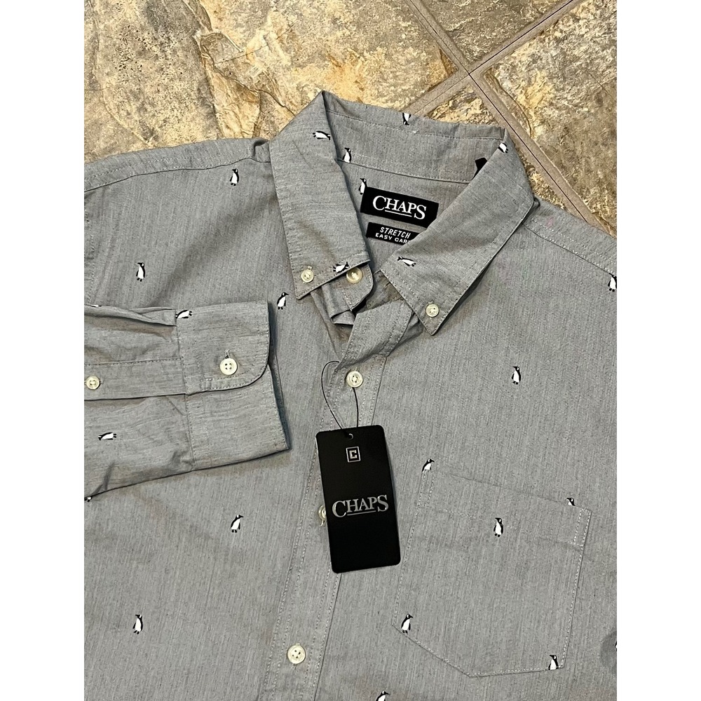 Chaps Button Down Shirt Mens Medium Grey NWT AOP Penguin Print Stretch Easy Care